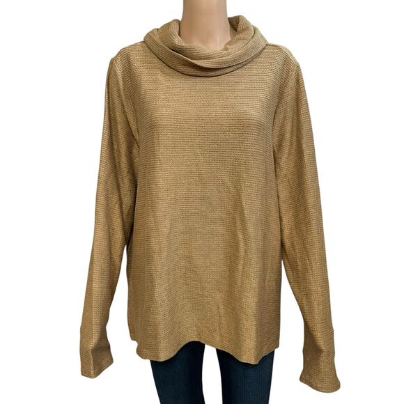 Lands' End Tops - Lands End Textured Cable Knit Top 1X Cowl Neck Light Brown Long Sleeve Classic